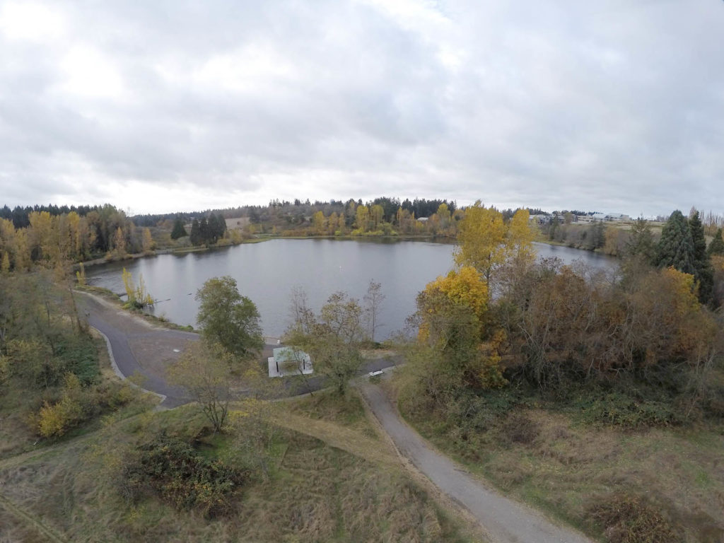 A drone shot of Waughop Lake from July 2018