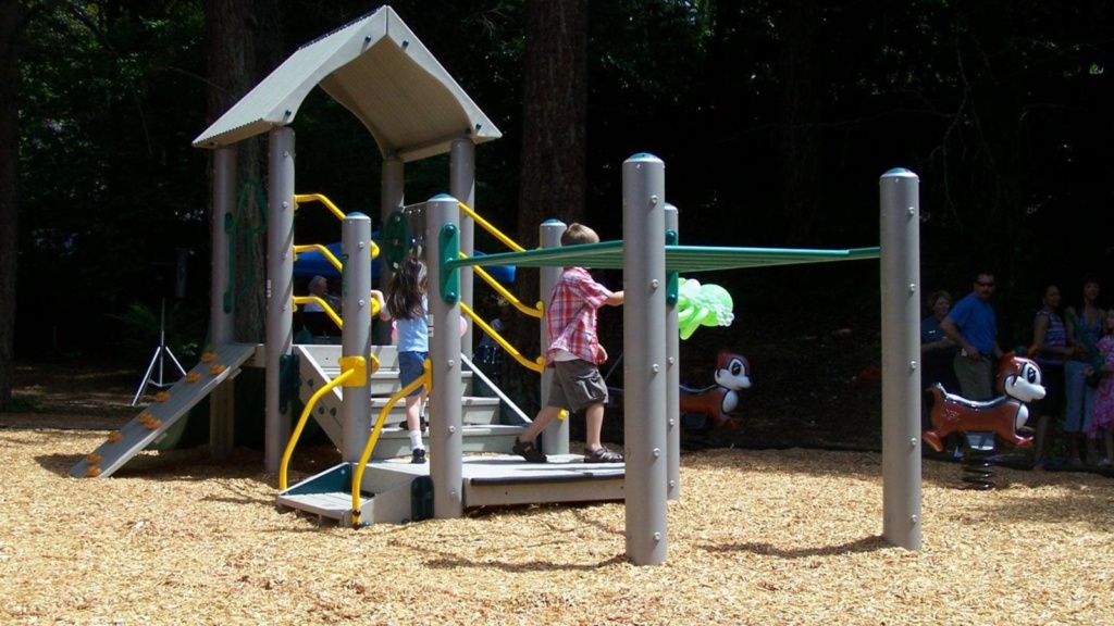 Children play on a playset at Primley Park on a sunny day. 