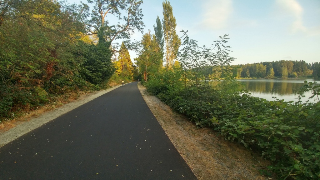 A wide angle photo of a recently paved trail around Waughop Lake with vegetation on either side