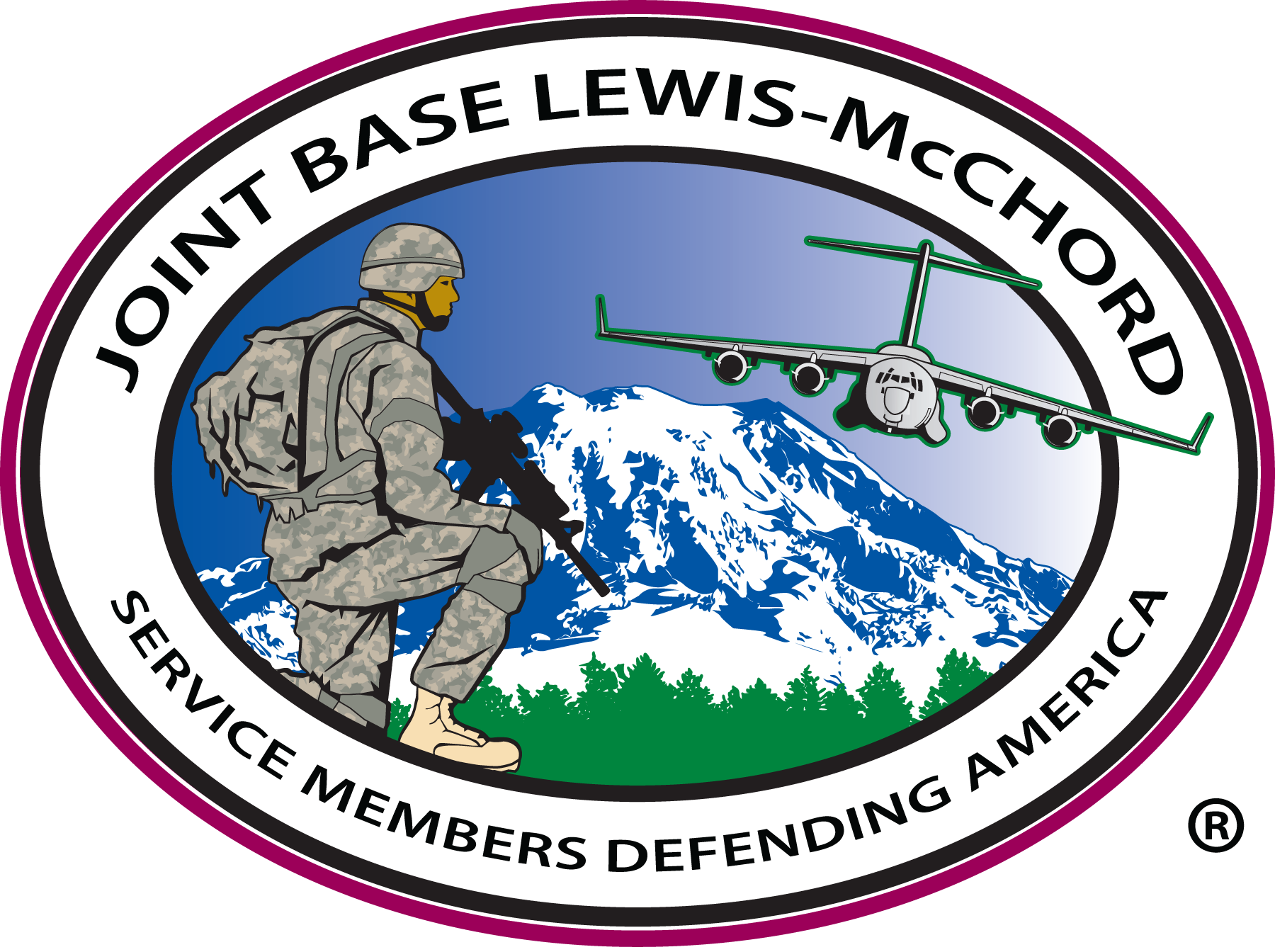 Joint Base Lewis McChord Logo with C-17 and soldier kneeling in front of Mt. Rainier