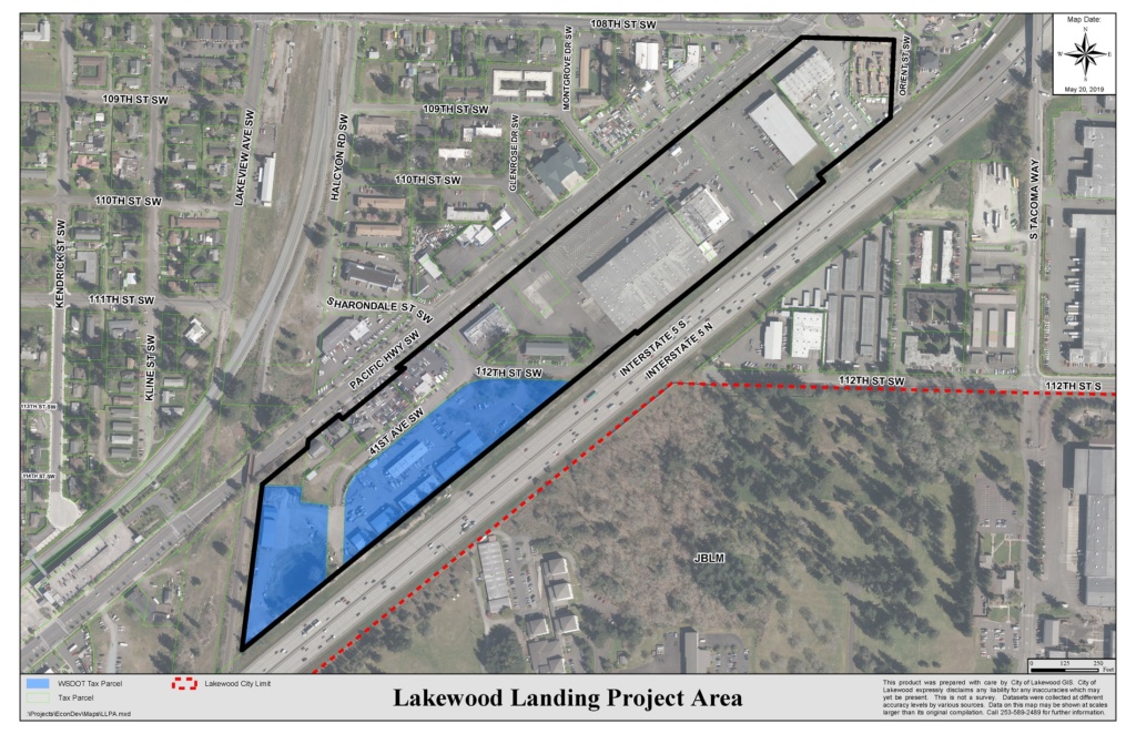 Project area for Lakewood Landing, overhead map with overlay of the area set for redevelopment.