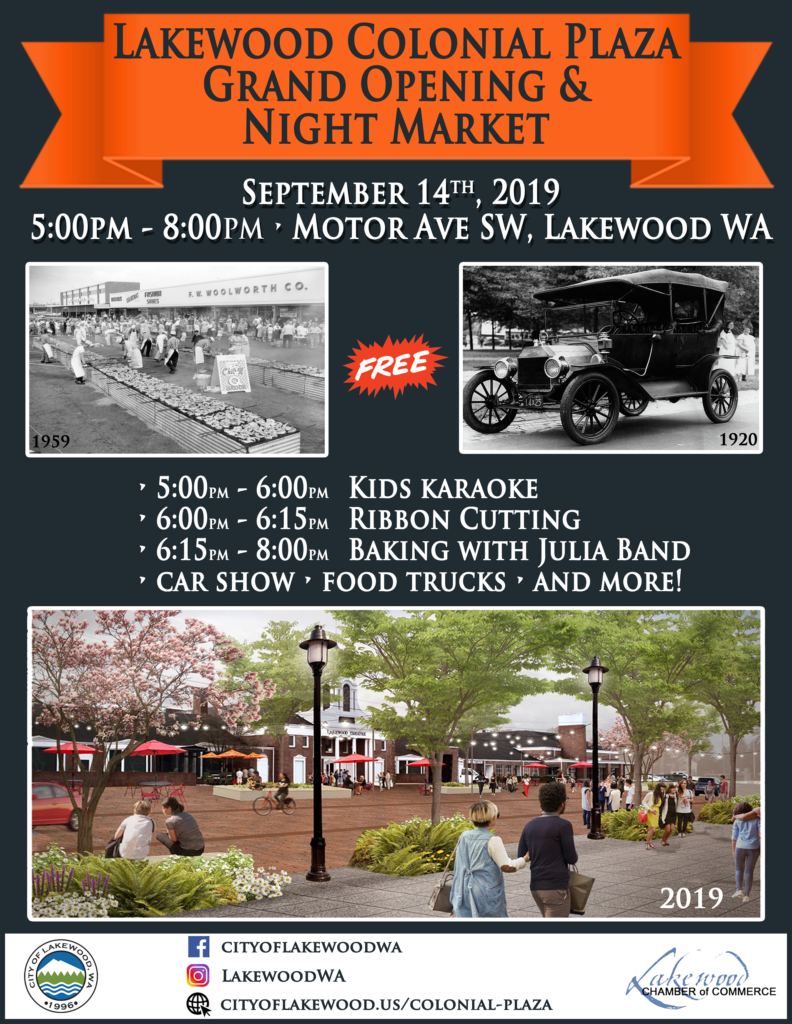 Flier for Colonial Plaza grand opening happening Saturday, Sept. 14, 2019 from 5 to 8 pm at the Colonial Plaza in Lakewood, WA on Motor Avenue between Whitman Avenue and Gravelly Lake Drive.