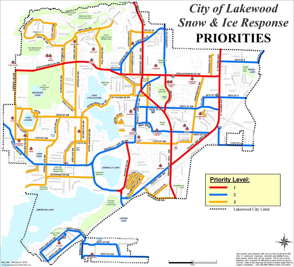 Map of the city of Lakewood, WA's priority snow and ice response routes