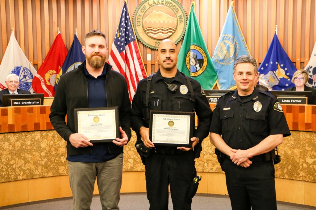 Lakewood Police Chief Mike Zaro recognizes a Lakewood police officers for their life-saving efforts in 2019