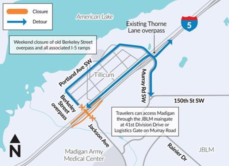 Detour route for planned road closures of Interstate 5 through Lakewood, WA