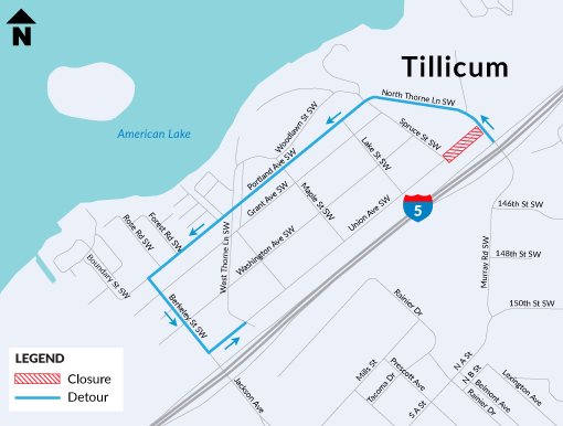 Map showing detour through Tillicum for WSDOT overpass work