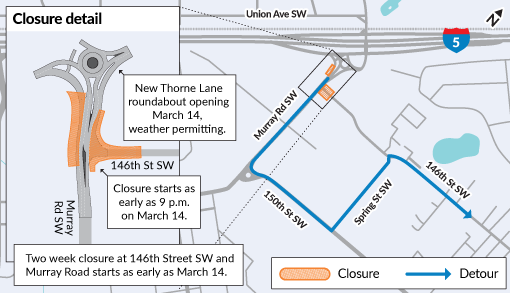 WSDOT map showing road detours in Tillicum for new interchange