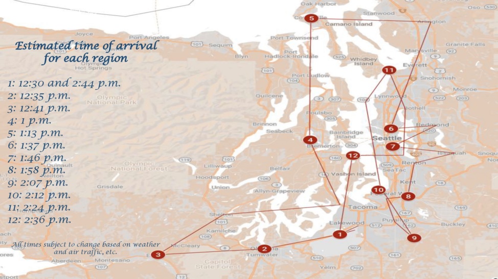 62nd Airlift Wing map of route around Puget Sound to honor healthcare workers