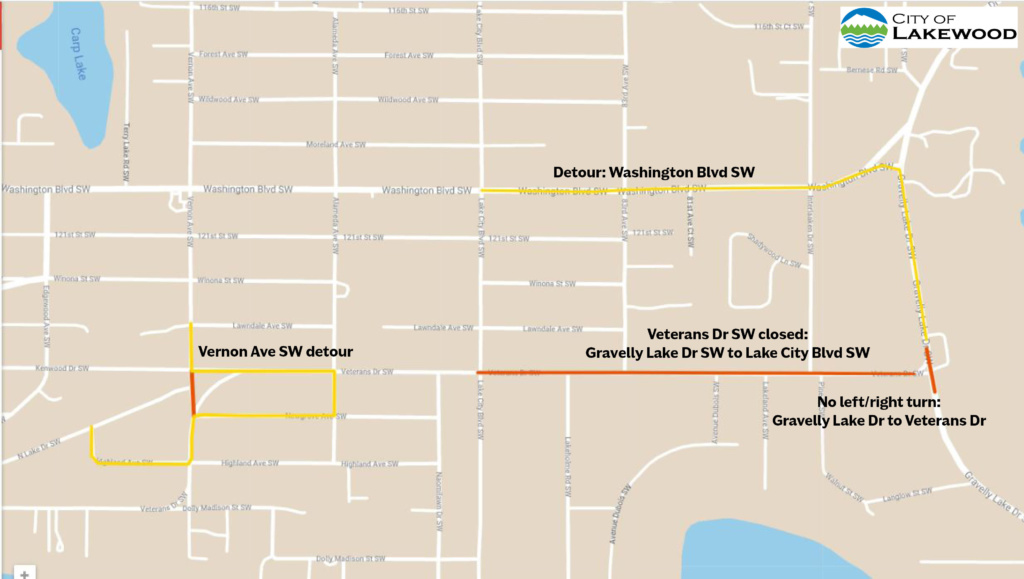 Detour map of Veterans Drive phase 1 work in Lakewood WA