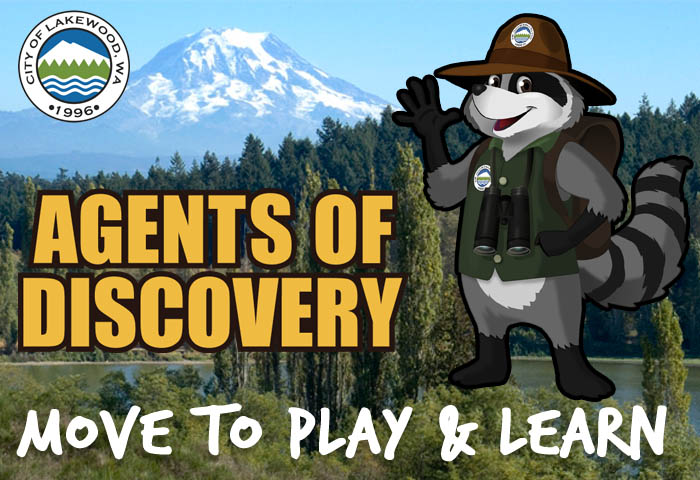 Image with a cartoon raccoon next to the words AGENTS OF DISCOVERY in yellow text. Below that is white text that says MOVE TO PLAY AND LEARN. 