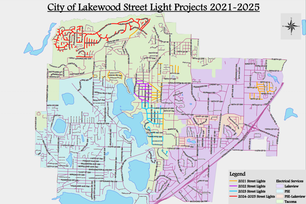 Bản đồ của Dự án Ánh sáng Đường phố Thành phố Lakewood 2021-2025.