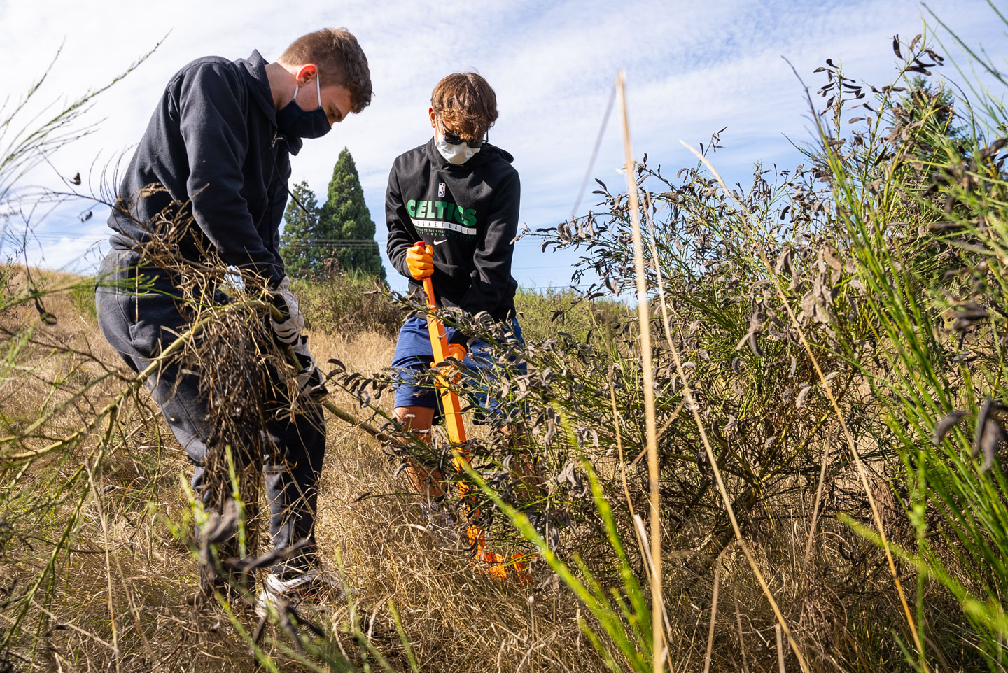 Two student volunteers pull weeds during parks appreciation day.