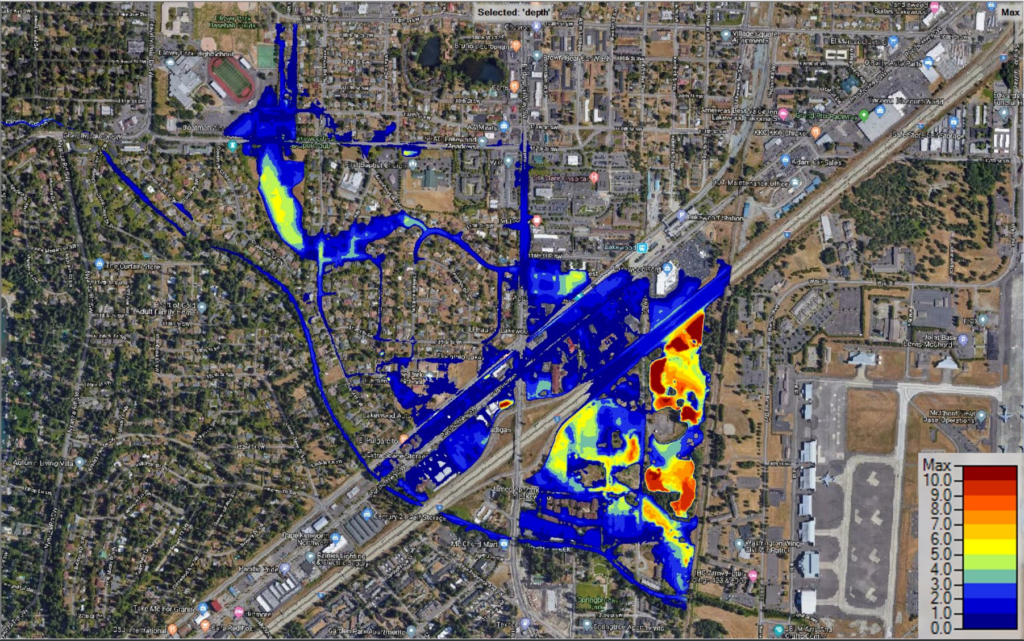 This map shows the depth and reach of floodwaters during a 100-year flood of Clover Creek.