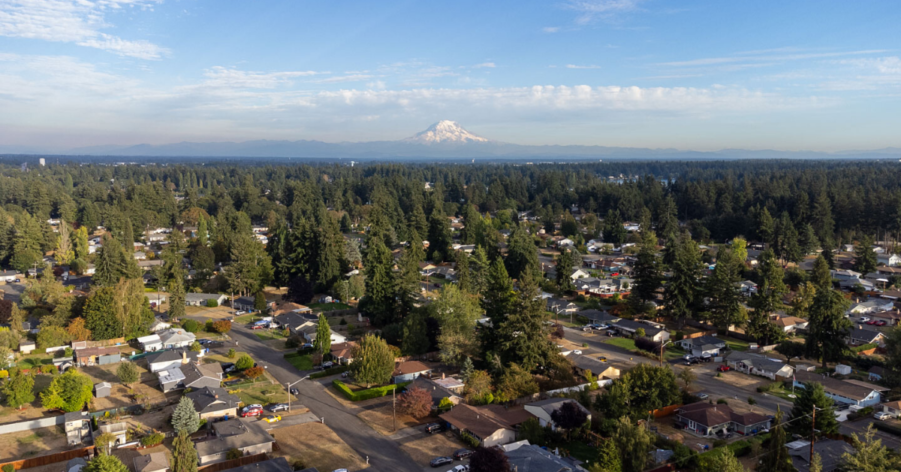 aerial shot of Lakewood with Mount Rainier in the background