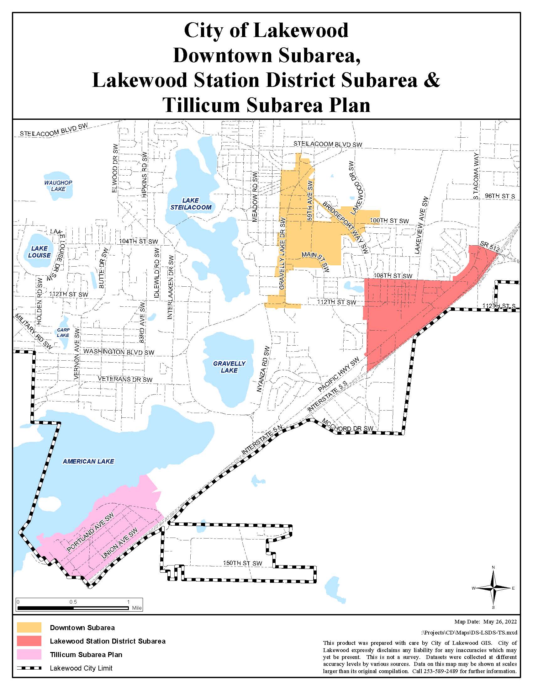 Isang mapa na naglalarawan sa mga subarea ng Lakewood.