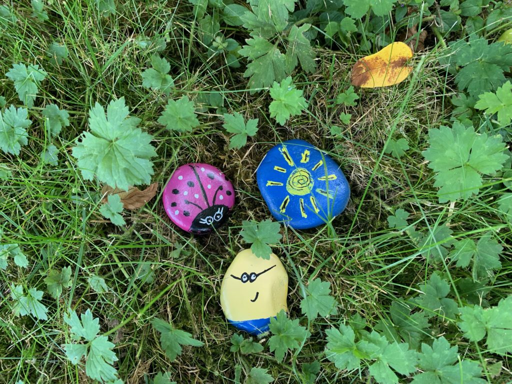 three painted rocks in green grass
