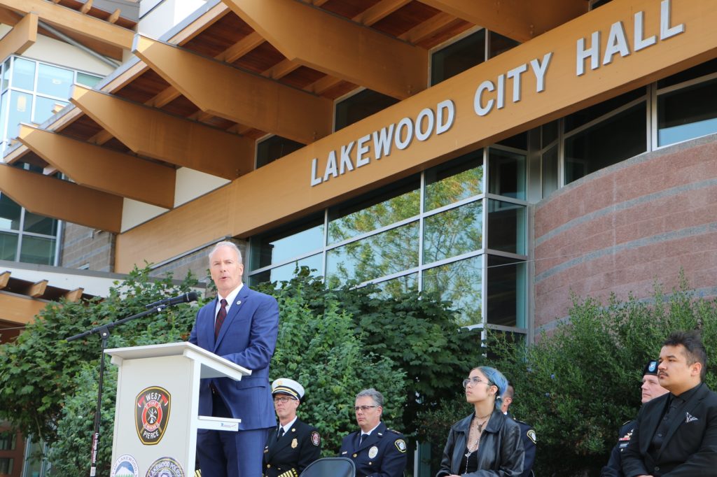 Lakewood Mayor Jason Whalen addresses the crowd at the 9/11 Remembrance ceremony in front of Lakewood City Hall