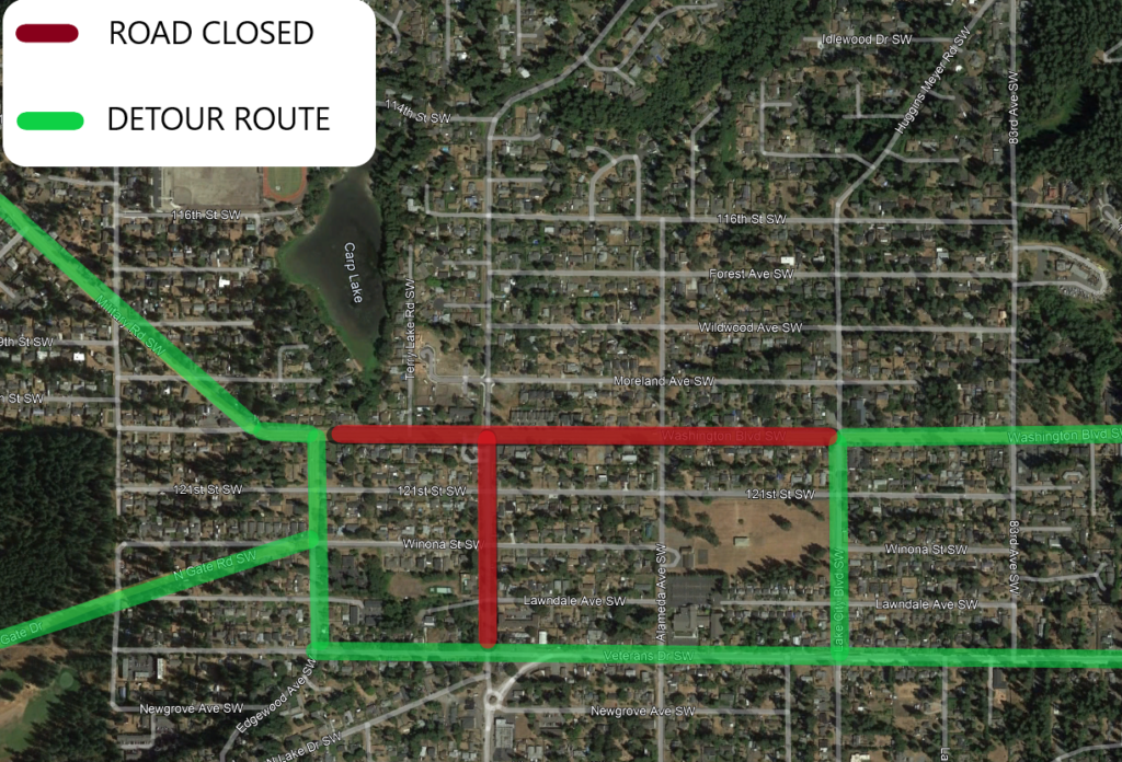 A map showing the detour route for the upcoming Washington Boulevard road closure set to begin Nov. 28, 2022.