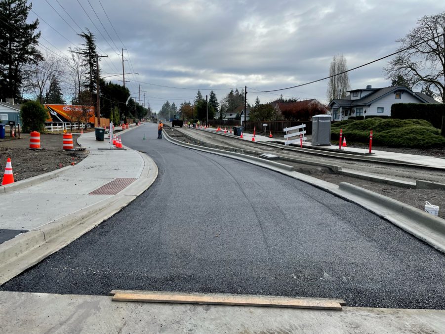 Looking down Edgewood Avenue at Washington Boulevard at the road construction completed.
