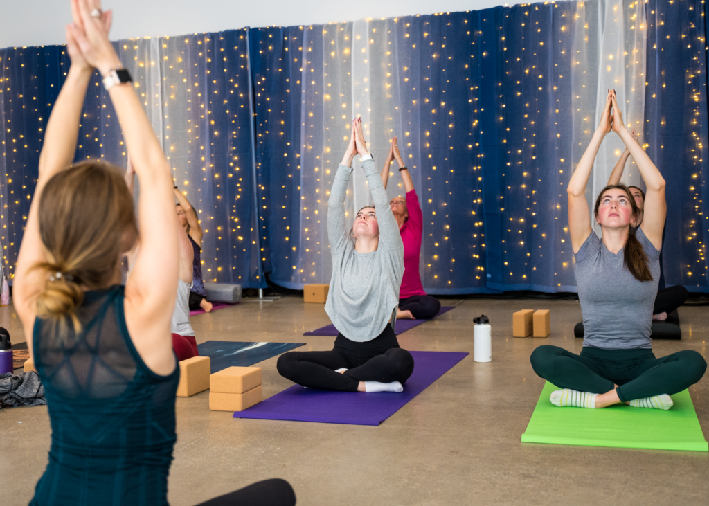 An image of a yoga class in the Pavilion at Fort Steilacoom Park