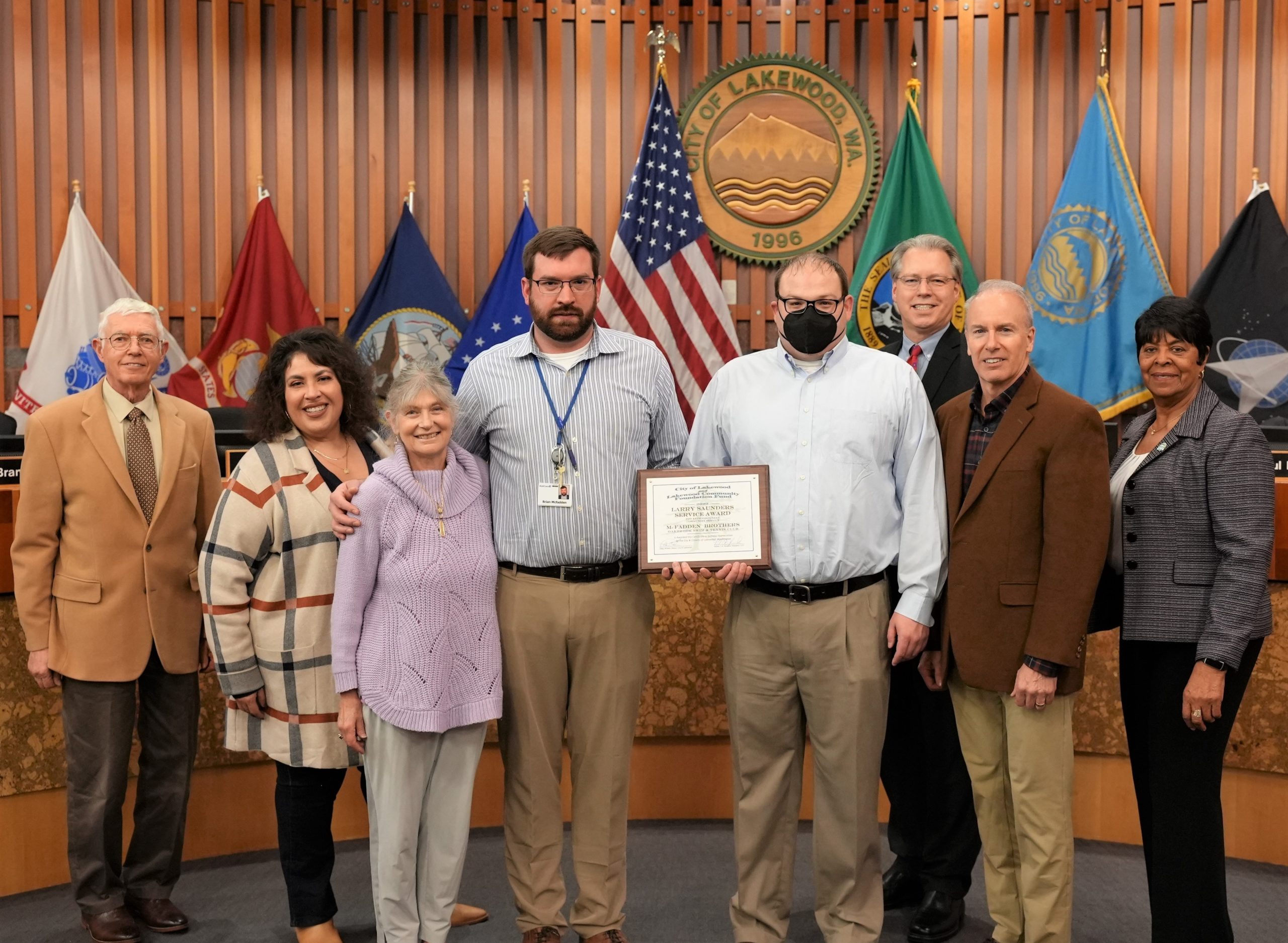 The Larry Saunders Service Award for 2022 was presented to the McFadden brothers who pose in this photo with the Lakewood City Council and Sally Saunders, wife of the late Larry Saunders.