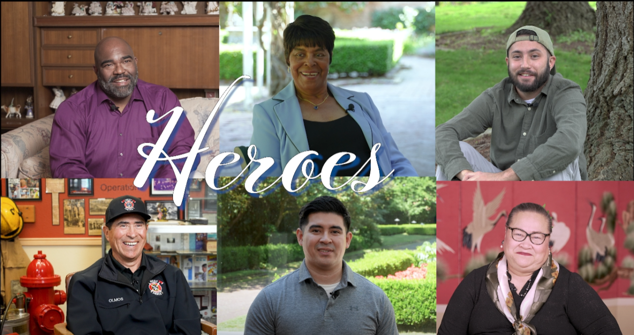 A screenshot of six people with the word Heroes in cursive over the front.