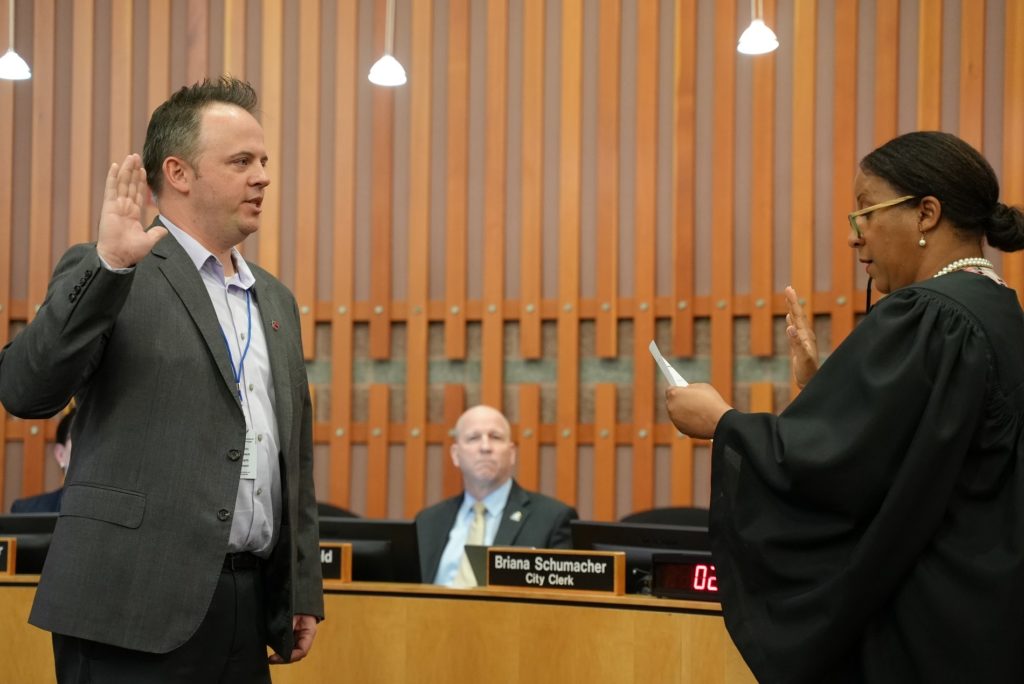Lakewood City Council member Trestin Lauricella being sworn in to office March 20, 2023.