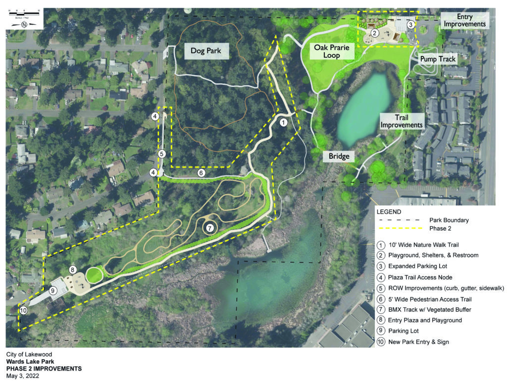 This image shows phase 2 master plan outlined in yellow. Phase 2 improvements include a new neighborhood park with playground, bike trails, expanded parking, existing playground update and restroom replacement. Improvements are expected to be completed by 2025.