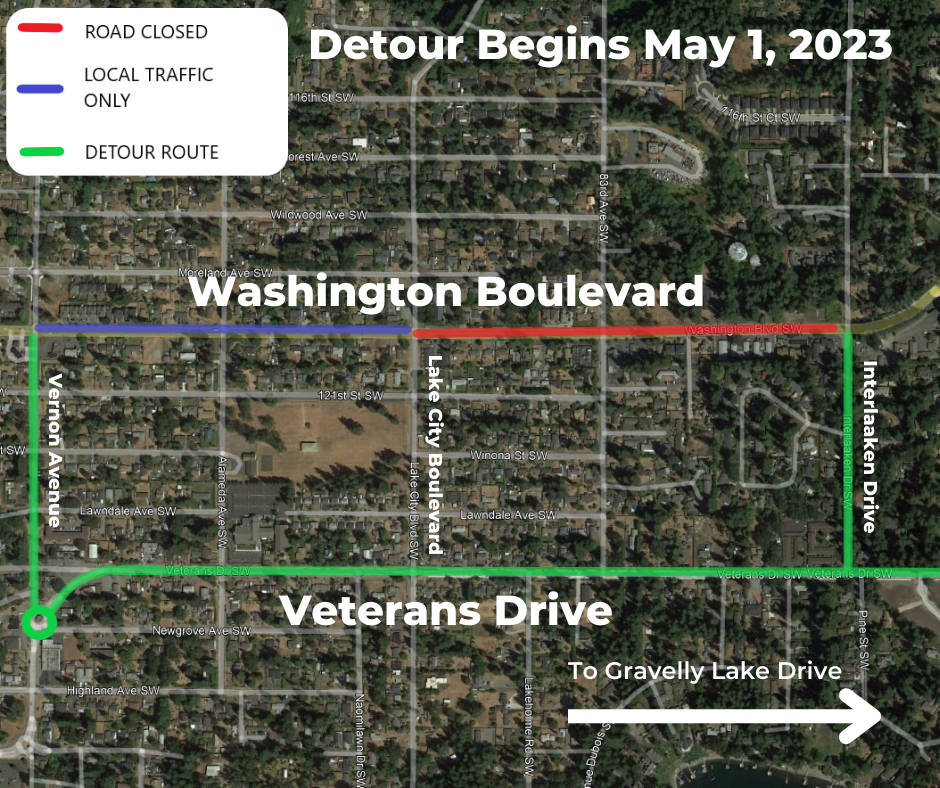 A detour map outlining upcoming road closures of Washington Boulevard in Lakewood, WA