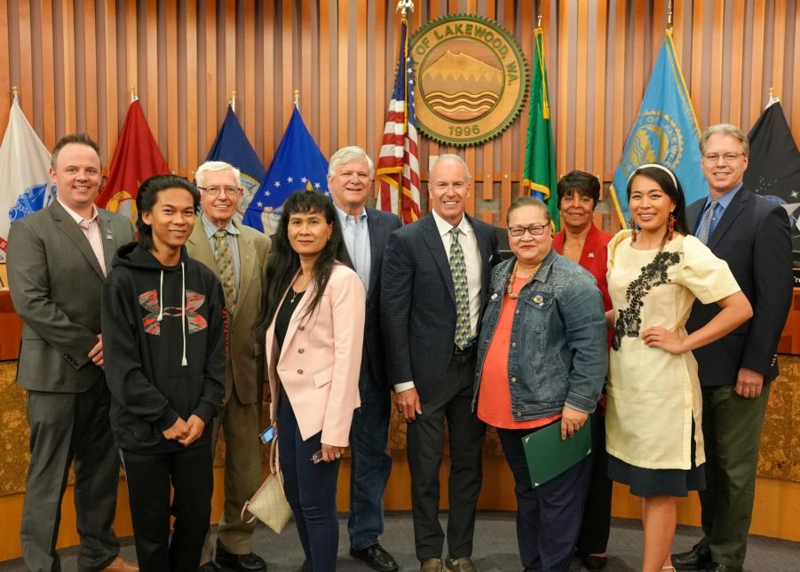 The Lakewood City Council recognized May 2023 as Asian American, Native Hawaiian, Pacific Islander Heritage Month. They are posed with representatives from the Asia Pacific Cultural Center at their May 1, 2023 meeting.