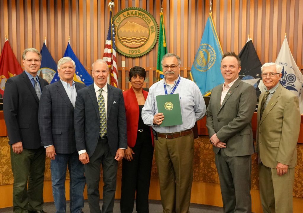 The Lakewood City Council recognized May 2023 as Building Safety Awareness Month and posed for a photo with Lakewood Building Official Rafik Gindy.