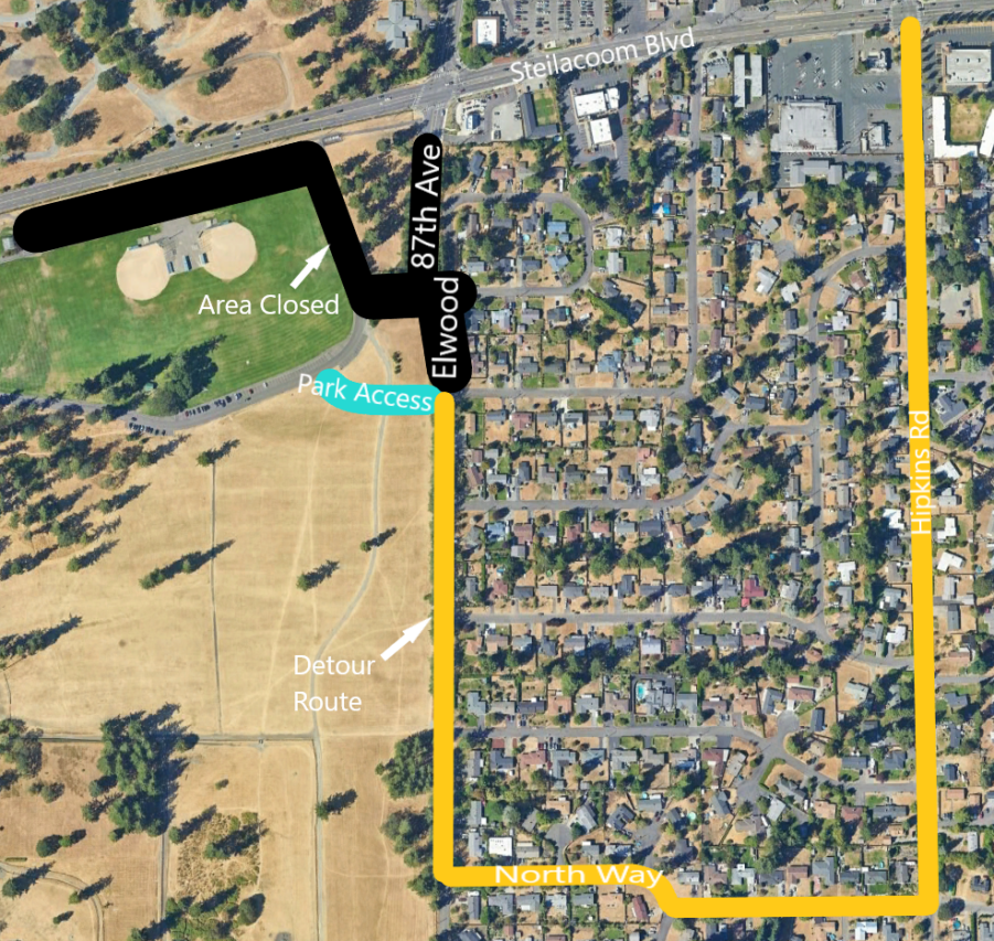 A map showing the detour route into Fort Steilacoom Park while the main entrance is closed. Cars should travel from Steilacoom Boulevard down Hipkins Road to North Way, then up Elwood Drive and enter the park off Elwood from a temporary entrance.