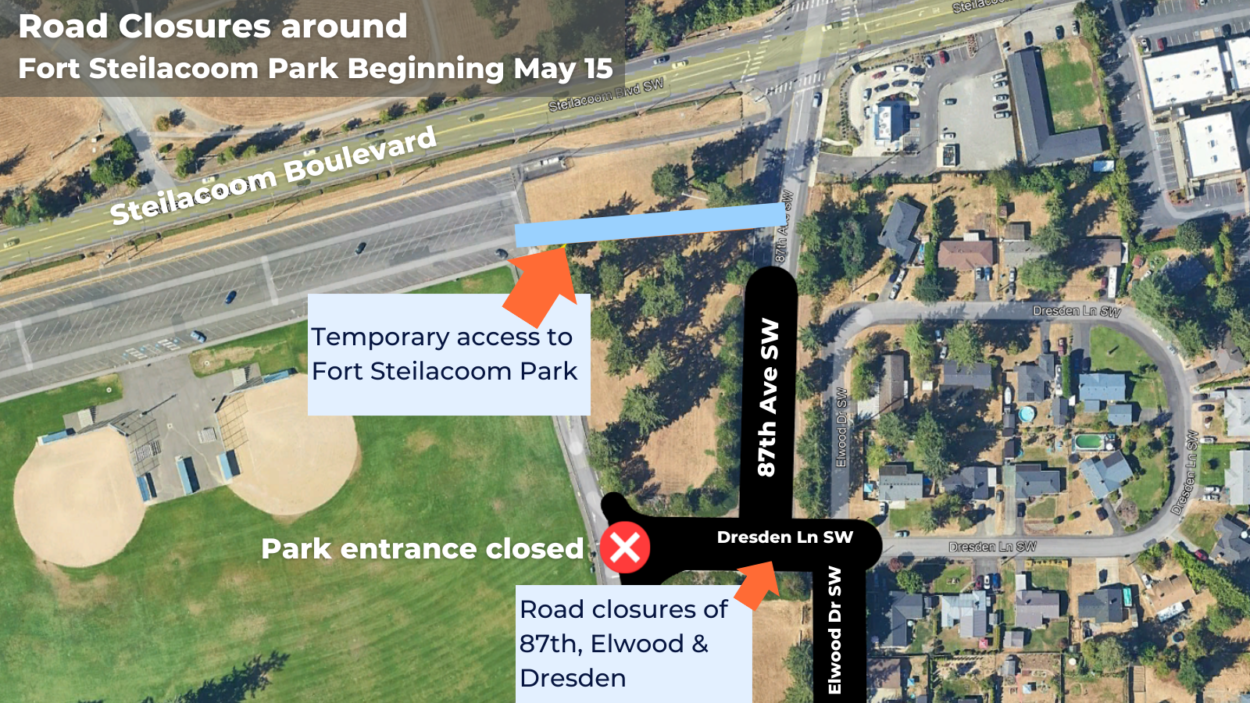 A map showing the upcoming closure of the entrance to Fort Steilacoom Park and Dresden Lane, Elwood Drive and 87th Ave. The closure is May 15 to July 14, 2023 for a road improvement project.