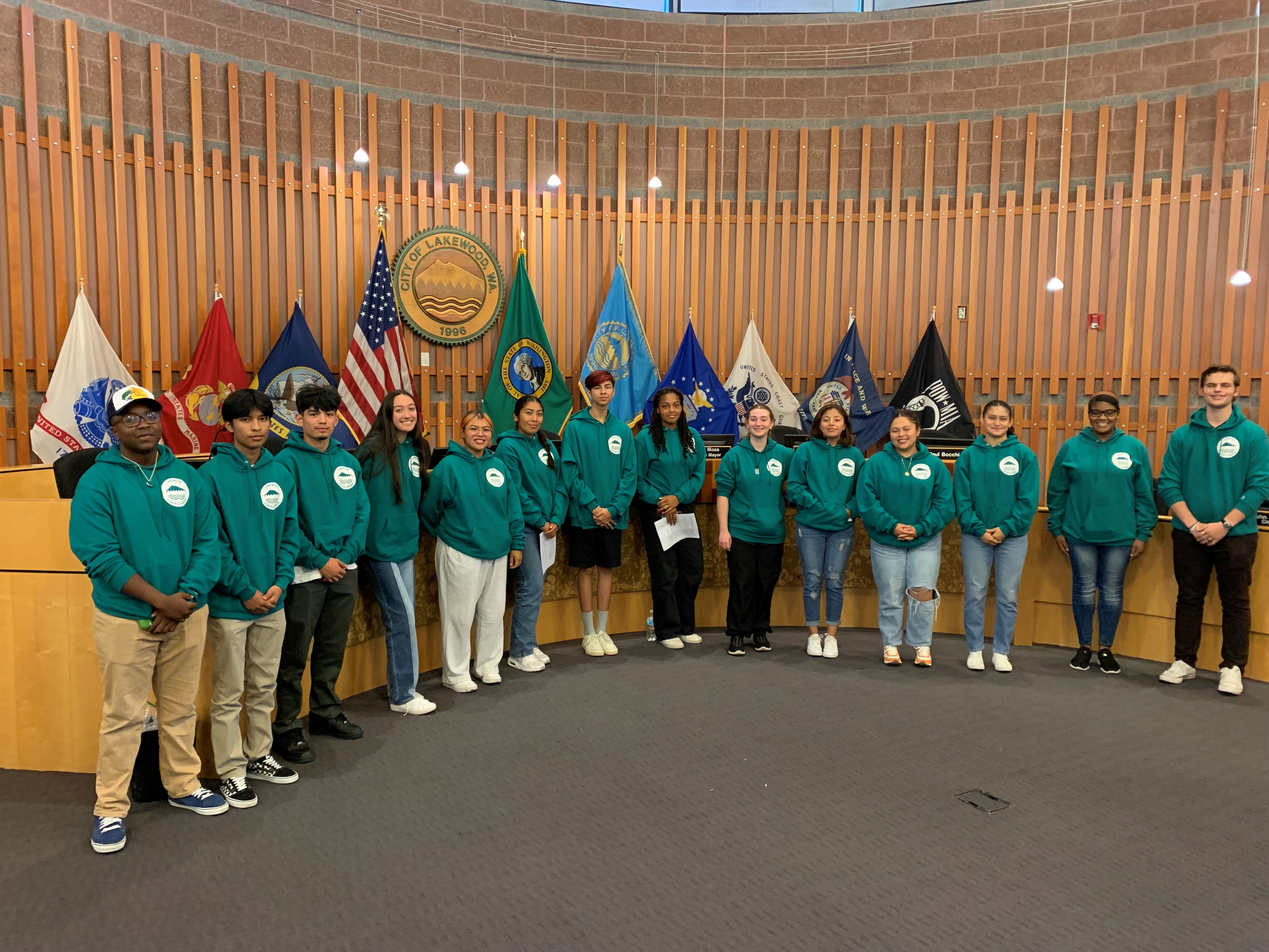 A photo of the Lakewood Youth Council lined up in Lakewood Council Chambers