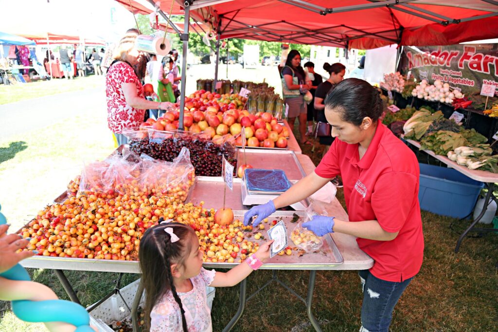 A young child hands a Lakewood Farmers Market vendor a Healthy Buck while the vendor scoops cherries into a bag.
