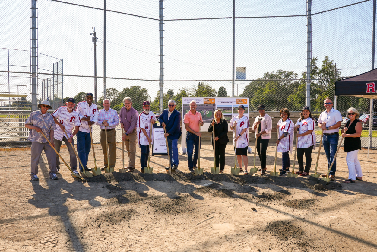 Lakewood Mayor Jason Whalen, Deputy Mayor Mary Moss and Council members Don Anderson, Mike Brandstetter and Trestin Lauricella are joined by representatives from Pierce College and Rep. Mari Leavitt at a ground breaking event at Fort Steilacoom Park on July 27, 2023.