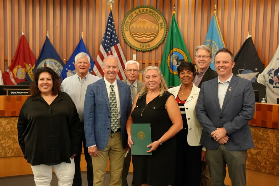 Biscuit House was recognized as the July 2023 Business Showcase by the Lakewood City Council. Members of the Council pose with co-owner Galina in Council Chambers.
