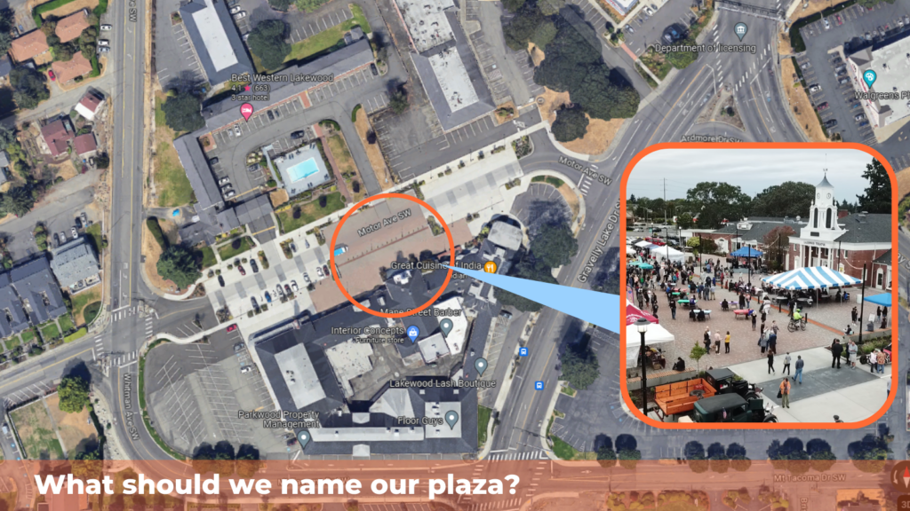 Graphic showing Motor Avenue SW in Lakewood with white text on the image that reads "What Should We Name Our Plaza?"