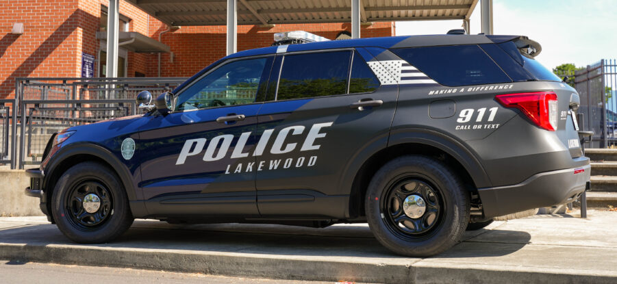 Lakewood Police squad car parked in front of the Lakewood Police Department.