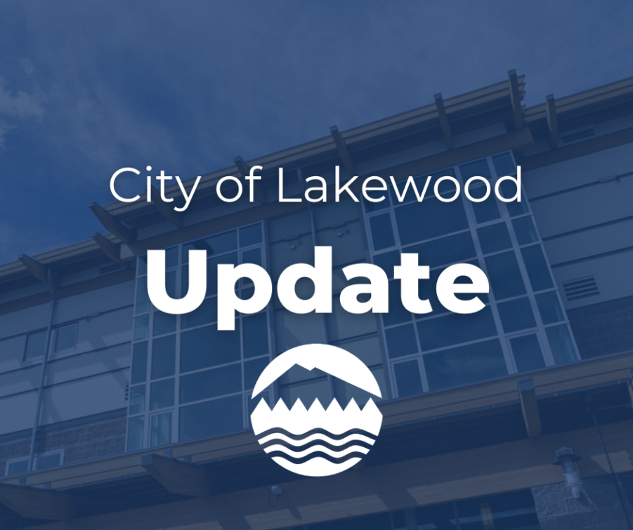 White text that reads City of Lakewood Update over a blue-screen background with a photo of Lakewood City Hall behind it,