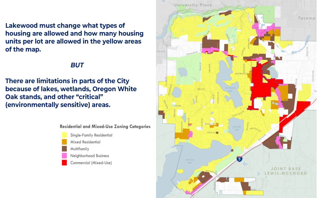 Trang trình bày PowerPoint từ bài thuyết trình hiển thị bản đồ của Thành phố Lakewood, WA với những khu vực nào có thể thấy mật độ nhà ở tăng do những thay đổi gần đây về luật của tiểu bang.