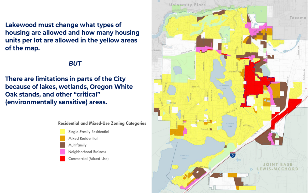 A PowerPoint slide from a presentation that shows a map of the City of Lakewood, WA with what areas could see an increase in housing density due to recent state law changes.