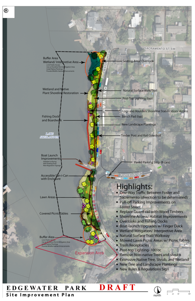 A map depicting proposed site improvements for the Edgewater Park area. The document is a draft of possible improvements.