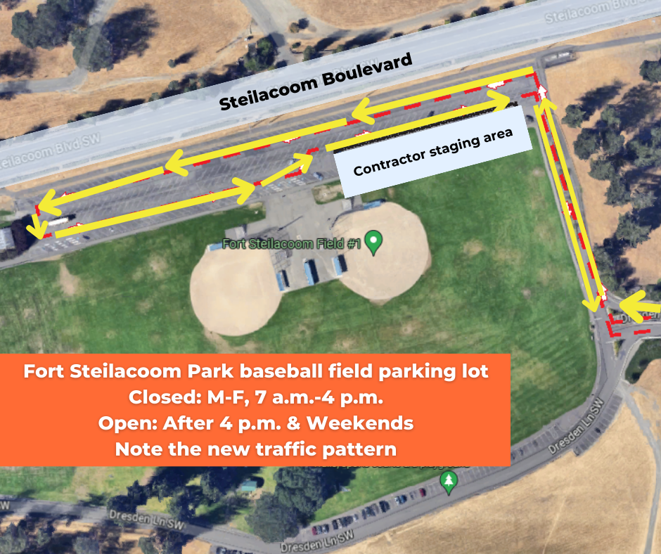 A map of Fort Steilacoom Park that shows the baseball field parking lot. Text tells people the field is closed M-F from 7 am to 4 pm. It also has yellow arrows pointing the direction that cars should travel when in the lot at the times it's open.