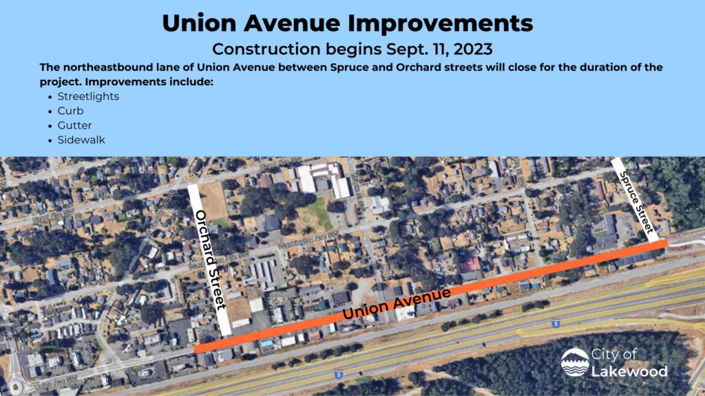 A map of road closures for Union Avenue in Lakewood, WA. Construction begins Sept. 11, 2023 and is expected to last 35 working days. One lane of Union Avenue will be closed between Orchard and Spruce streets for the duration of the project.