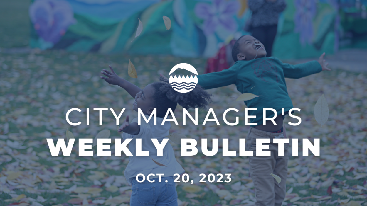 A photo of two young children throwing leaves in the air and having fun. White text over the image reads: City Manager's Weekly Bulletin, Oct. 20, 2023.