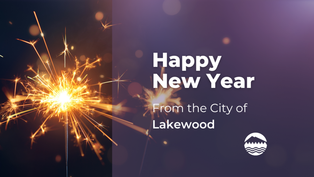 A sparkler gives off sparks in a photo. White text over the image reads Happy New Year from the City of Lakewood.