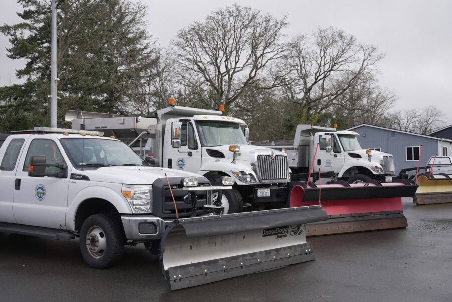 City of Lakewood snow plows lined up in a row showcasing the range of trucks the city has