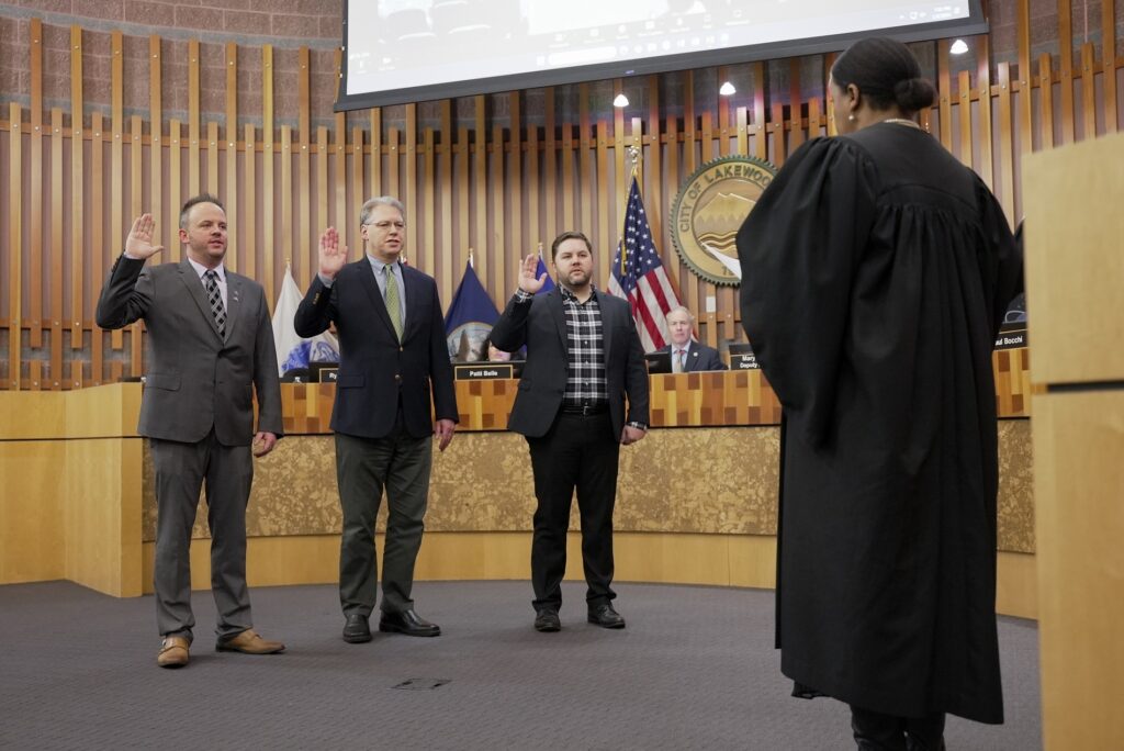 Lakewood City Council members J. Trestin Lauricella, Paul Bocchi and Ryan Pearson are sworn into office Jan. 2, 2024