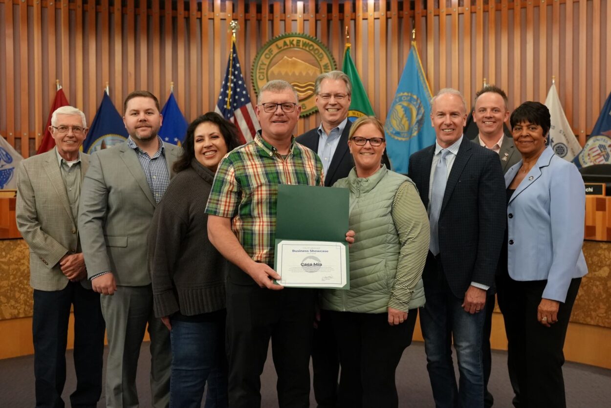 The Lakewood City Council presented the March 2024 Business Showcase to Casa Mia Italian Restaurant owners Gerald and Jamie Pense at its March 18, 2024 regular meeting.